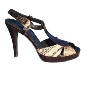 Donald Pliner Brown Gator Hair Calf Leather Shoe New T Strap Platform $325 NIB